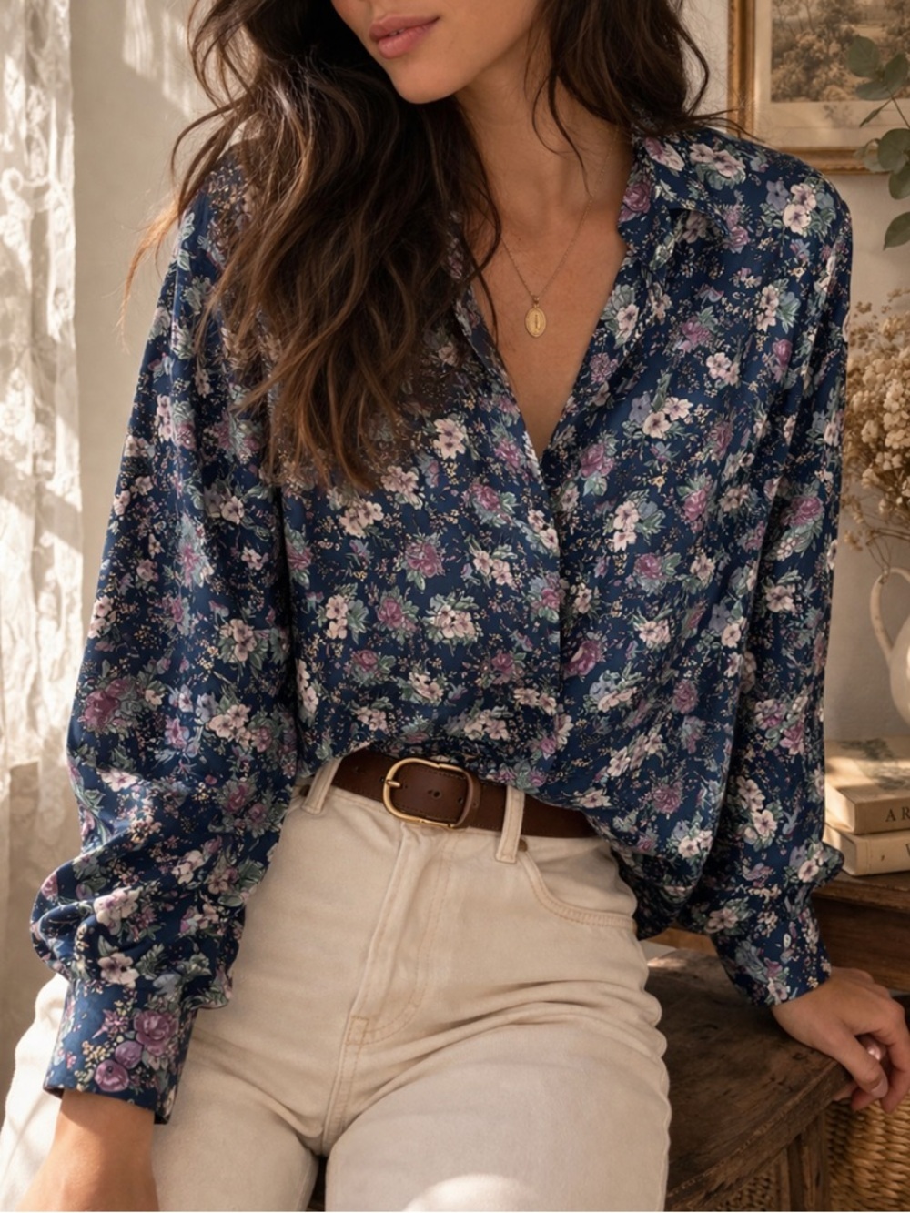 Vintage 100% Silk Floral Blouse Cottagecore Romantic Button Down Navy